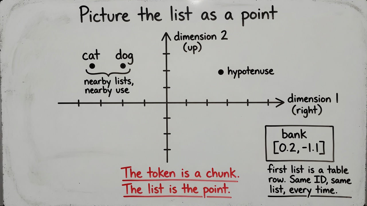 Whiteboard: the list sits as a point; cat near dog, hypotenuse far; bank is one table row.