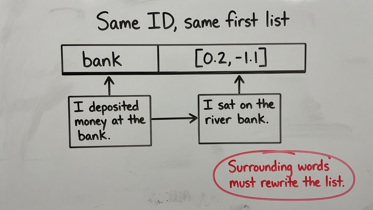 Whiteboard: same ID, same first list for both meanings of bank.