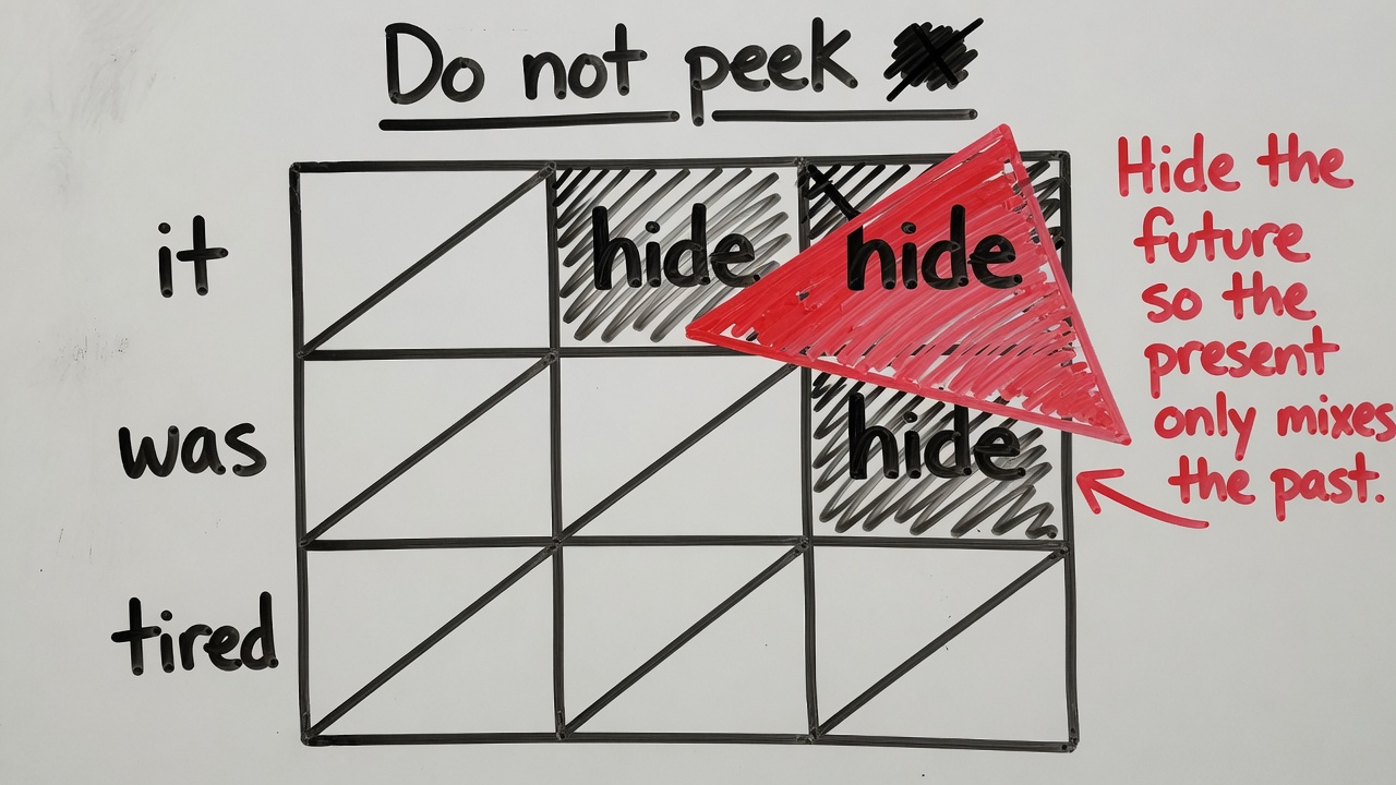 Whiteboard: hide the future so the present only mixes the past.