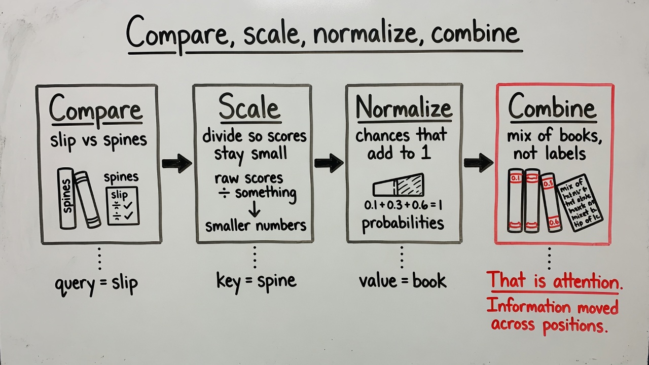 Whiteboard: compare, scale, normalize, combine. Query is a slip, key is a spine, value is a book.