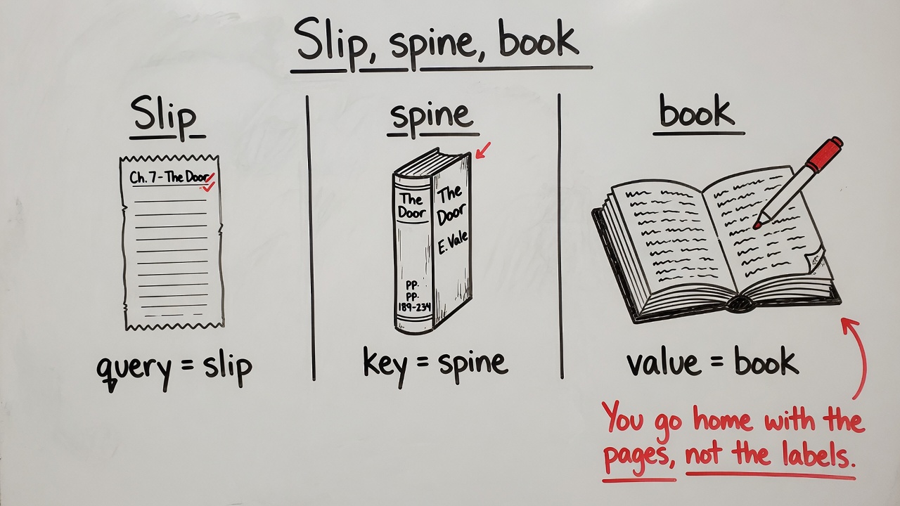 Whiteboard: query is a slip, key is a spine, value is a book.