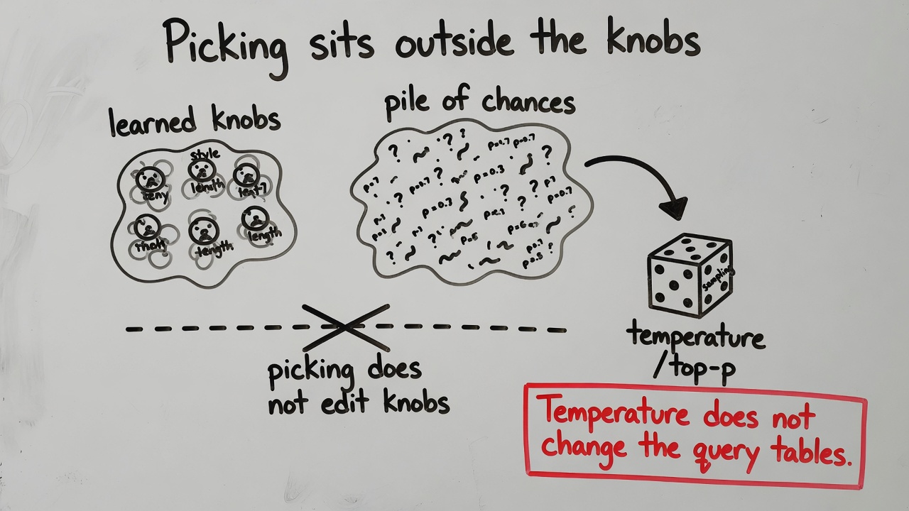 Whiteboard: picking sits outside the knobs. Temperature does not change the query tables.