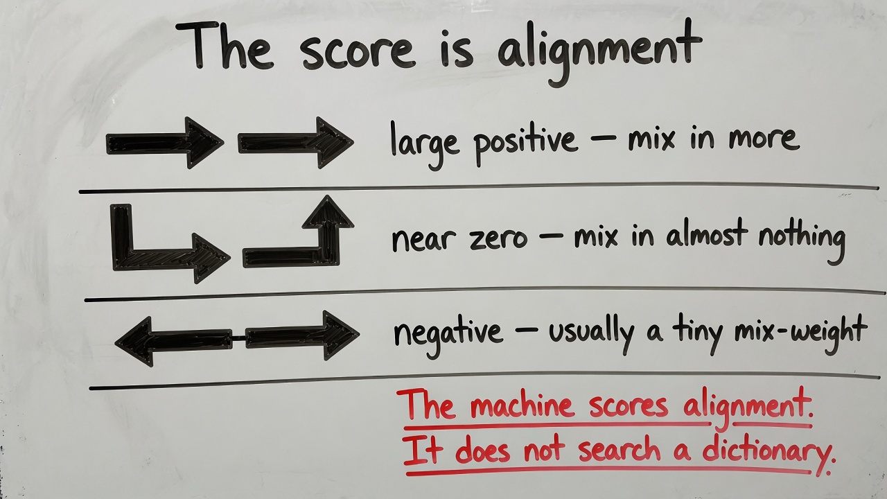 Whiteboard: the score is alignment — mix in more, almost nothing, or a tiny weight.