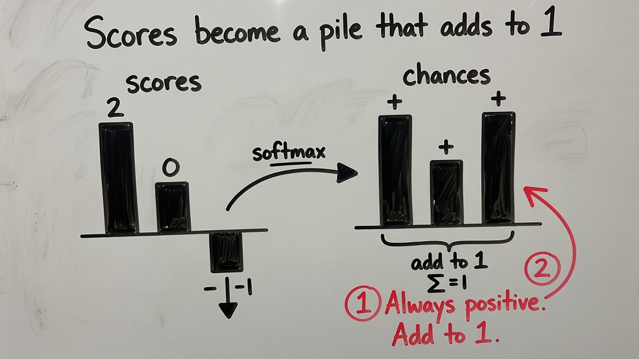 Whiteboard: scores become a pile that adds to 1.