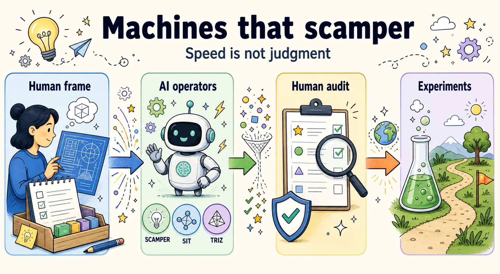 Human frame → AI → audit → experiments