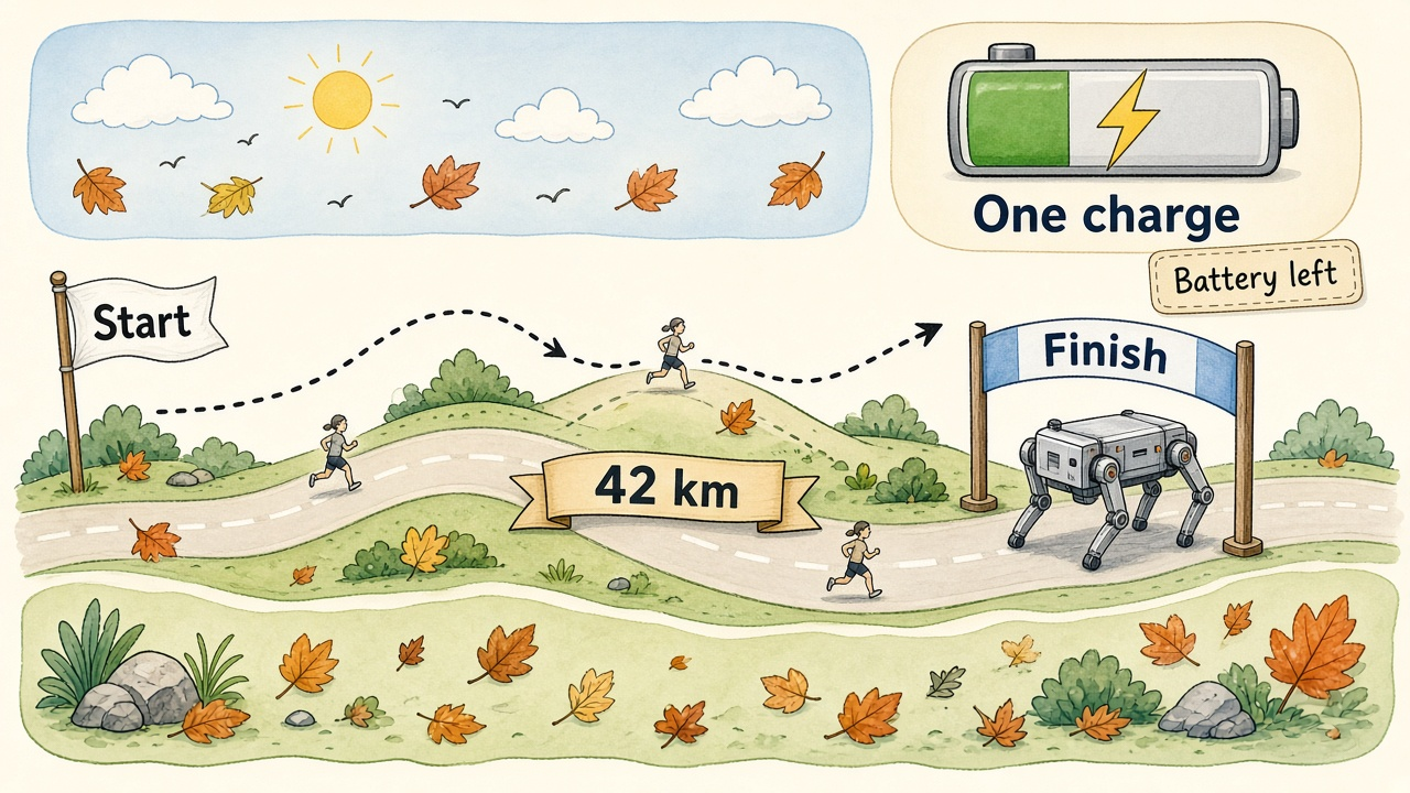 A four-legged robot at the finish line of a hilly 42 km road course, with runners and a battery labelled One charge