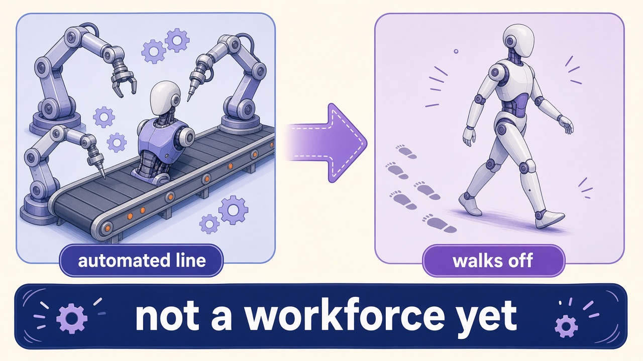 Automated production line on the left; finished humanoid walking off to the right — line manufacturing is not a finished workforce