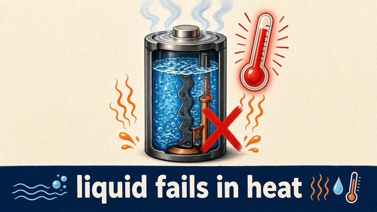 Heat killing a liquid electrolyte inside an ordinary battery