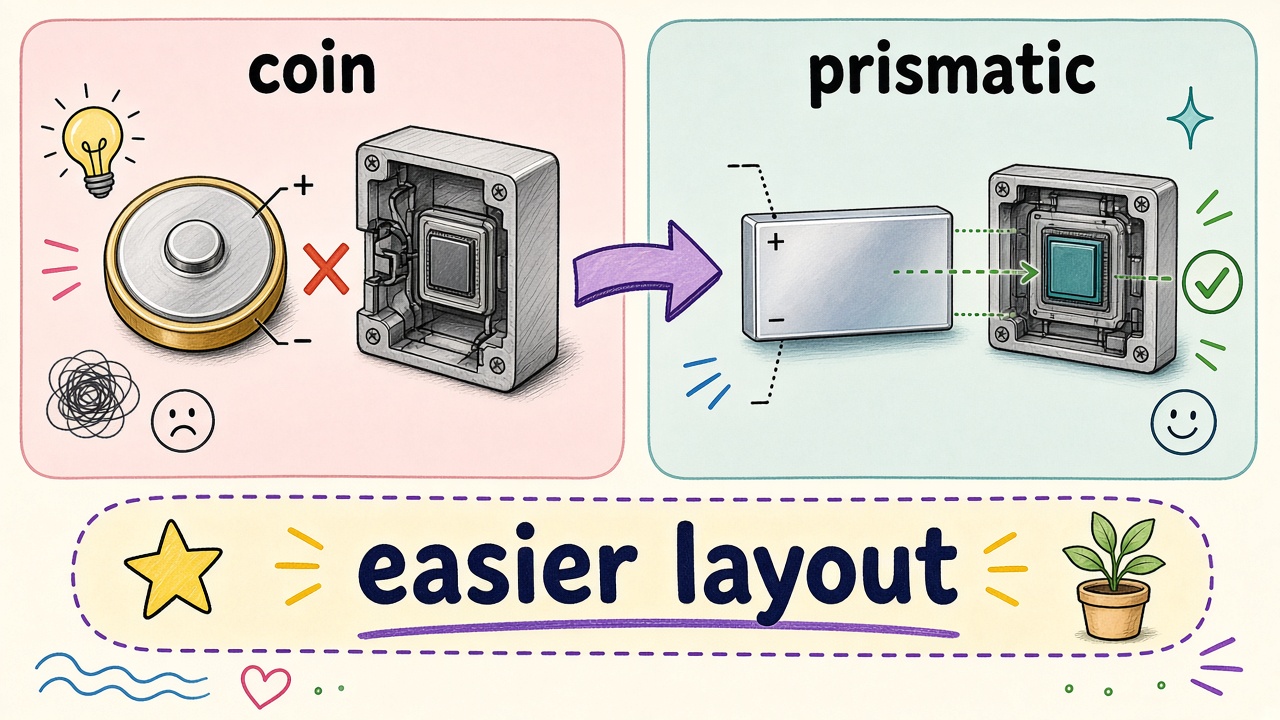 Small prismatic cell layout versus coin cells