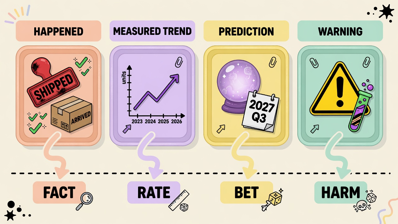 Four evidence trays: Happened, Measured Trend, Prediction, Warning