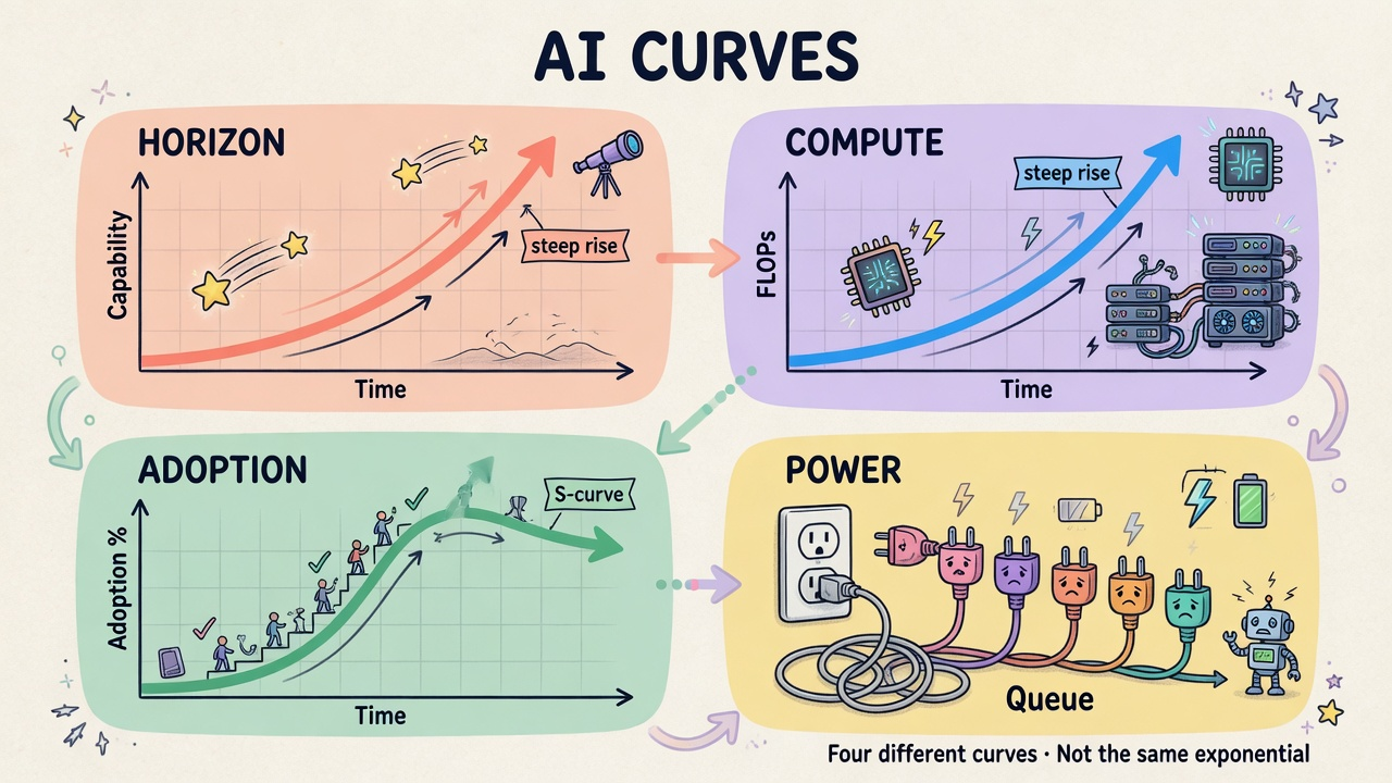 Four different AI curves: horizon, compute, adoption, power