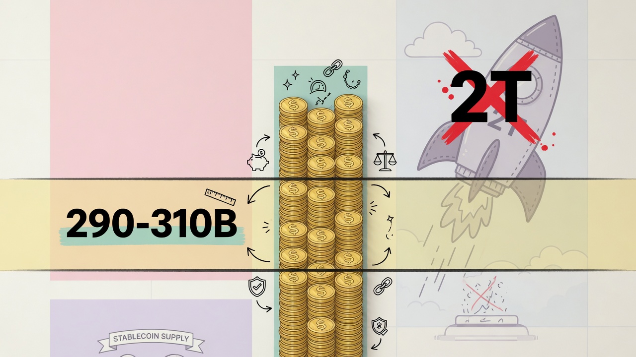 Stablecoin supply in a $290–310B band, not $2T