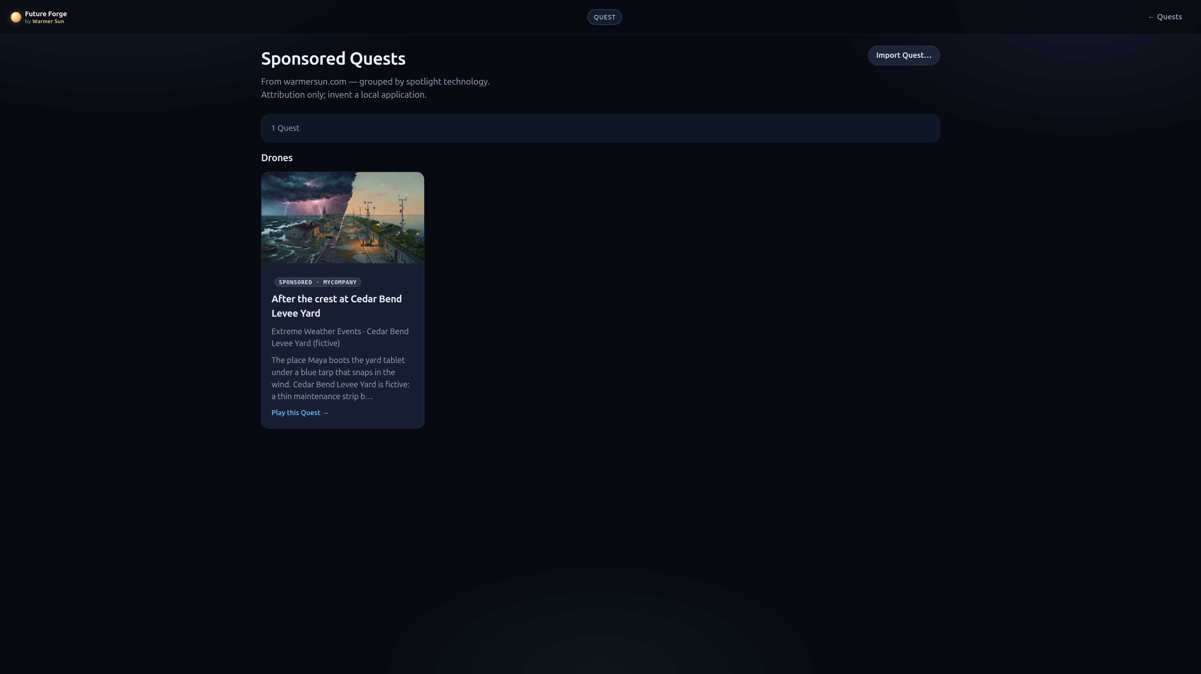 Future Forge Sponsored Quests catalog with a MyCompany tile for Cedar Bend Levee Yard under Drones