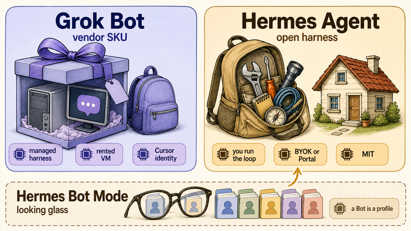 Grok Bot, Hermes Agent, and Hermes Bot Mode as different packaging modes