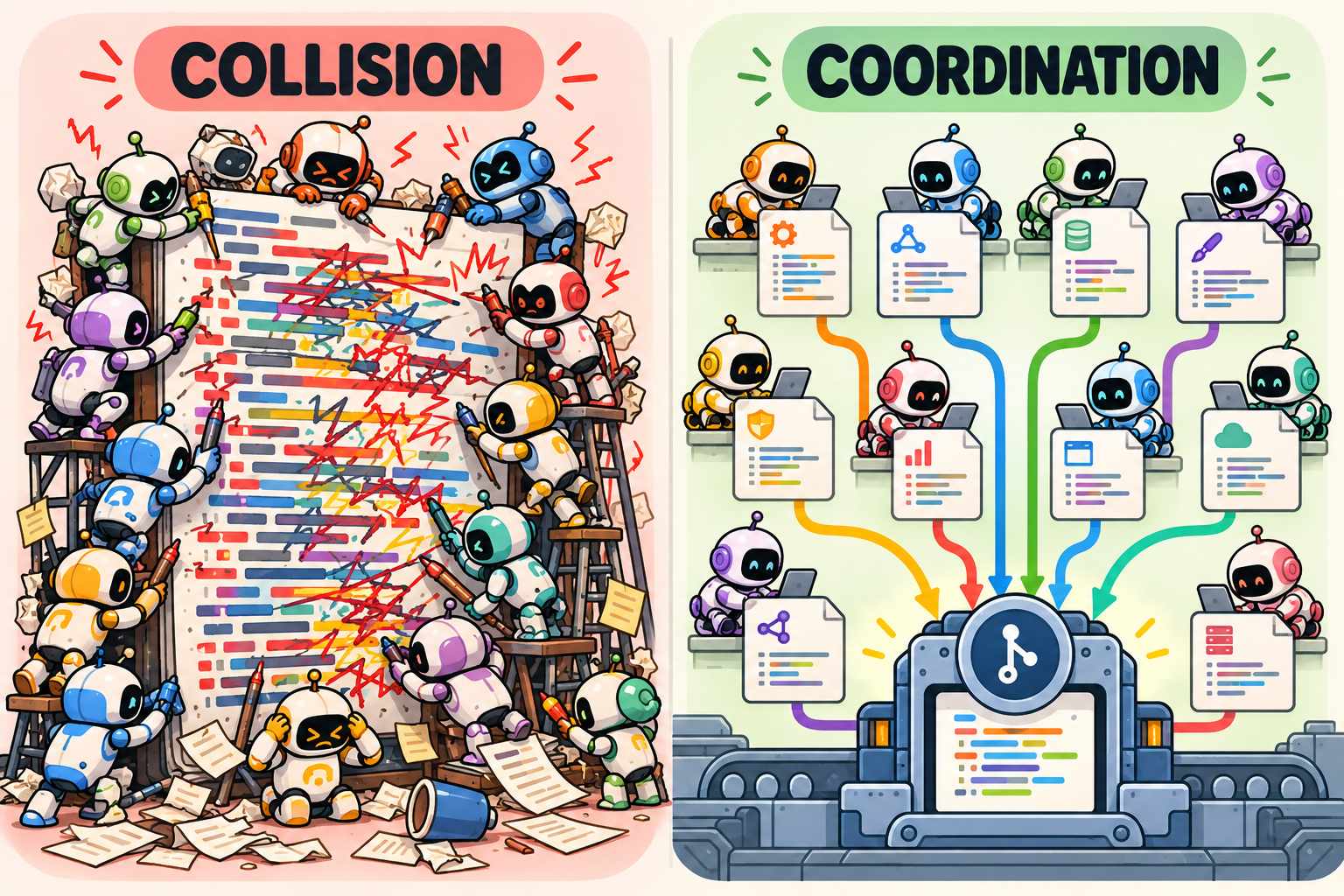 Shared-file collisions contrasted with coordinated integration